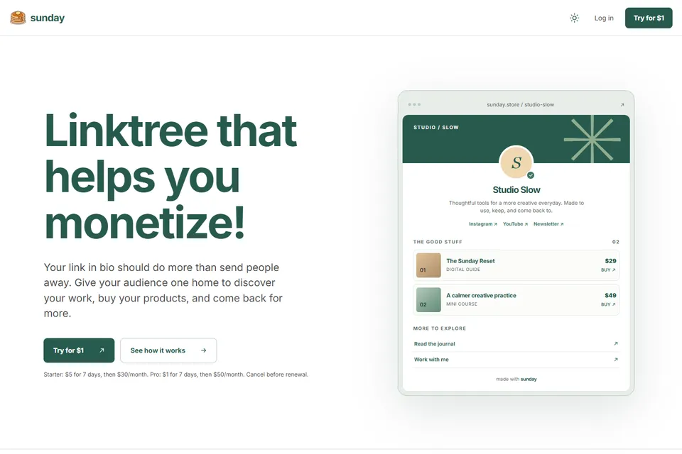 Sunday public homepage captured on October 24, 2026